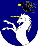 Blue shield with a white, rearing unicorn under a flying black bird