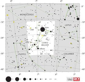 Diagram showing star positions and boundaries of the Canis Major constellation and its surroundings