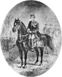 Drawing depicting a figure in military dress uniform and kepi mounted on a black horse with marching and mounted figures in the background