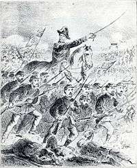 Drawing depicting a mounted figure in bicorne hat with raised sword leading charging foot soldiers holding rifles with bayonettes fixed