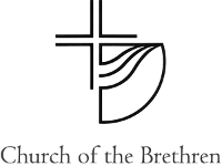 A cross with branches of equal size made up of two parallel lines with the bottom-left corner dovetailing into a wave that connects as part of a circle. The words "Church of the Brethren" are written below.