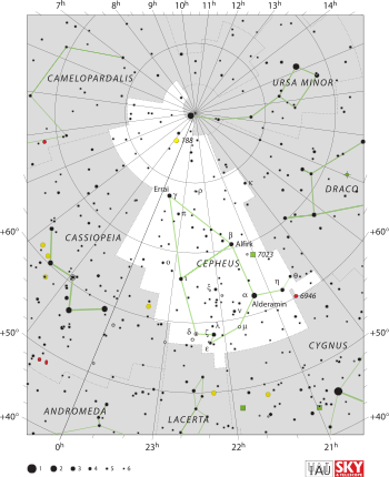 Diagram showing star positions and boundaries of the Cepheus constellation and its surroundings