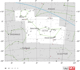 Diagram showing star positions and boundaries of the Cetus constellation and its surroundings