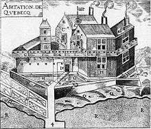 The Quebec Settlement : A.—The Warehouse. B.—Pigeon-loft. C.—Detached Buildings where we keep our arms and for Lodging our Workmen. D.—Another Detached Building for the Workmen. E.—Sun-dial. F.—Another Detached Building where is the Smithy and where the Workmen are Lodged. G.—Galleries all around the Lodgings. H.—The Sieur de Champlain's Lodgings. I.—The door of the Settlement with a Draw-bridge. L Promenade around the Settlement ten feet in width to the edge of the Moat. M.—Moat the whole way around the Settlement. O.—The Sieur de Champlain's Garden. P.—The Kitchen. Q.—Space in front of the Settlement on the Shore of the River. R.—The great River St. Lawrence.