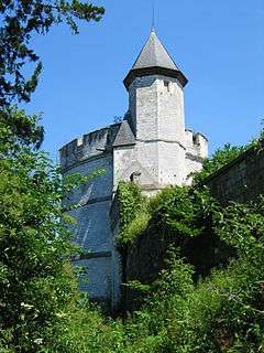 A stone tower on a stone wall rises above a forest.