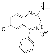 Chemical structure diagram of a benzene ring fused to a diazepine ring. Cl is attached to the benzene; N, H, CH3, and O are attached to the diazepine.