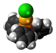 Space-filling model of the chloro(triphenylphosphine)gold(I) molecule