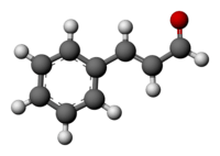 Ball-and-stick model of the cinnamaldehyde molecule