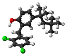 Ball-and-stick model of the clofoctol molecule