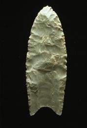 "A Clovis blade with medium to large lanceolate spear-knife points. Side is parallel to convex and exhibit careful pressure flaking along the blade edge. The broadest area is near the midsection or toward the base. The Base is distinctly concave with a characteristic flute or channel flake removed from one or, more commonly, both surfaces of the blade.  The lower edges of the blade and base is ground to dull edges for hafting. Clovis points also tend to be thicker than the typically thin latter stage Folsom points. Length: 4–20 cm/1.5–8 in. Width: 2.5–5 cm/1–2