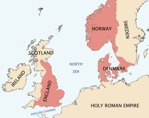 A map of north-western Europe in which Cnut's dominions are depicted in red; there is red over what is now England, Denmark and Norway, the Lothian and Borders region of modern Scotland, as well as a substantial amount of modern Sweden