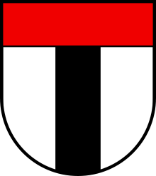 Argent a pale sable, under a chief gules