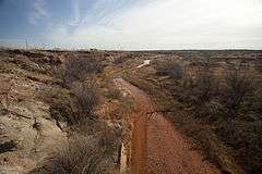 A small stream flows through an arid plain populated with low shrubs. Much of the surrounding soil is red.