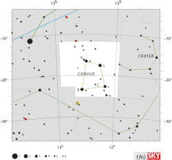 Diagram showing star positions and boundaries of the Corvus constellation and its surroundings