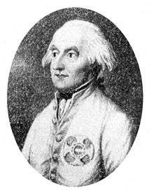 Black and white oval print shows a balding white-haired man with piercing dark eyes. He wears a white military coat.