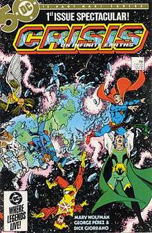 Comic-book cover, with superheroes tumbling away from Earth