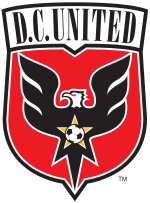 A shield with stylized black eagle facing left on a red field under the words "D.C. United". On the eagles chest is a red star with a soccer ball.