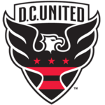 A shield with stylized black eagle facing right with three red stars and two red strips across its chest, and the words "D.C. UNITED above."