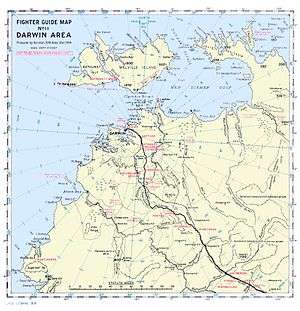 A map of the Darwin region showing the location of airstrips and other geographical features referred to in the article. Darwin and its RAAF and civil airstrips is in the centre of the map and the other airstrips referred to in the article are to the south-east of the town and are next to a road marked with a thick black line.