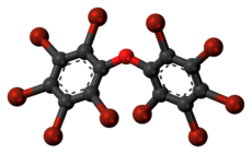 Ball-and-stick model of the decabromodiphenyl ether molecule