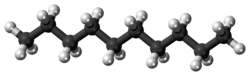 Ball-and-stick model of the decane molecule