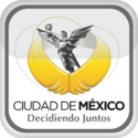 Logo of a black-and-white sculpture, El Ángel. It is a victory symbol personified by an upper naked angel wearing a long skirt. She holds a laurel wreath with her right hand. Below her image, two golden wings are displayed. The slogan "Ciudad de México" is written in black capital letters, with the word "México" bolded, and below the slogan "Decidiendo Juntos" with the same pattern. The whole image is located inside a gray squircle.