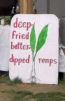  photo of sign for deep fried ramps and Mason Dixon Ramp Fest in Mt. Morris, Pennsylvania