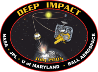 An oval with a red and black border encloses an image of a spacecraft and it's trajectory from Earth, depicting a deployed impactor before and after its impact with a comet.