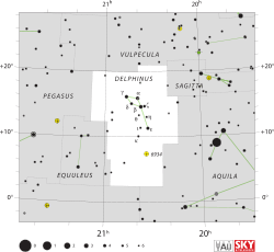 Diagram showing star positions and boundaries of the Delphinus constellation and its surroundings