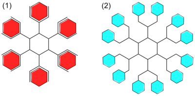 Chemical diagrams: one simpler and red, the other more complex and light blue