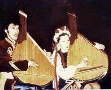 A male, Peter Deriashnyj, and a female, his wife Nila, in Ukrainian folk costumes playing banduras.