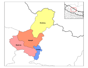 Location of Mustang District (yellow), one of four districts in the Dhawalagiri Zone, Nepal.