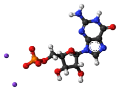 Ball-and-stick model of the component ions of disodium guanylate