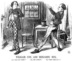 A parody of "Cox and Box"; Gladstone (Cox) challenges Disraeli (Box) to a fight.