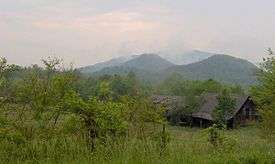 A green landscape with mountains in the back and a house towards the right.