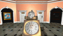 There is a pedestal in the center of a room with a sculpture of Albert Einstein's head on it, facing forward.  On the front of the pedestal is a clock-like panel with a large button labeled "NOW" in its center.  In the background, there are an image of a partially eaten apple to the left, two white doors in the center, and a chalkboard to the right.