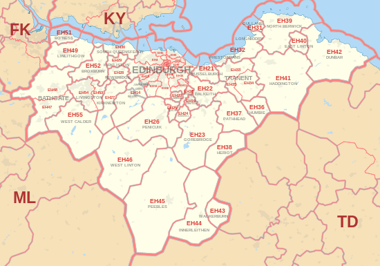 EH postcode area map, showing postcode districts, post towns and neighbouring postcode areas.