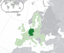 Location of  Germany  (dark green)– in Europe  (green & dark grey)– in the European Union  (green)  –  [Legend]