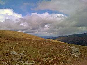 A view of a valley from a barren mountain summit with brown and yellow ground covering