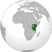 An orthographic projection of the world, highlighting the proposed East African Federation's territory (green).