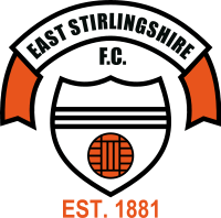 A logo depicting a striped black and white shield with an orange football on it. Above the shield, the words "East Stirlingshire" appear on a white scroll banner with orange edges and "Est. 1881" is below.