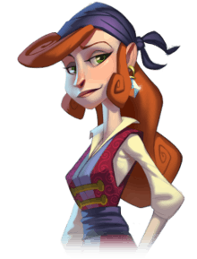 A woman depicted in a stylized art form. Possessing long red hair and green eyes, the woman wears a traditional pirate outfit with a blue headscarf. An earring with a large diamond hangs from her left ear.