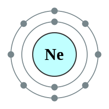 An atomic shell diagram with neon core, 2 electrons in the inner shell and 8 in the outer shell.