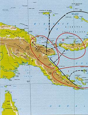 Topographic map of Papua New Guinea with arrows indicating an Allied advance along the northern coast towards the Admiralty Islands.