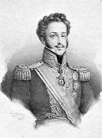 Engraved half-length portrait showing a young man with curly hair who is wearing an elaborate brocade military tunic with epaulets, a striped sash of office and medals