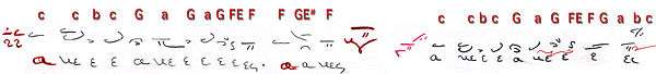 Hence, you descend four steps from echos tritos 4 steps [c—c—b—c—G—a—G—a—G—F—E—FF] and you will find its plagios which is called 'grave' (βαρύς), this way [F—G—E#—FF].