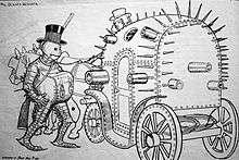 a cartoon of a man dressed in an iron suit wearing a black top hat with a lockbox chained to his neck getting into a horse-drawn carriage made out of metal and covered with spikes