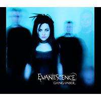 A woman with black hair and black dress can be seen. Three men are surrounding here. The men are not very visible. In front of the woman the words "Evanescence" and "Going Under" are written with white letters.