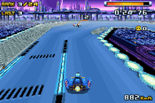 Vehicle racing on a track high above ground. In the corners of the screen are head-up display information detailing race standings, energy-level, time, and speed.