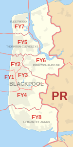 FY postcode area map, showing postcode districts, post towns and neighbouring postcode areas.